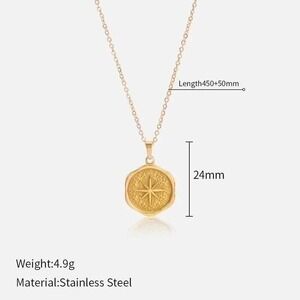 Gold Compass Starburst Coin Pendant Necklace Stainless Steel Charm Jewelry‎